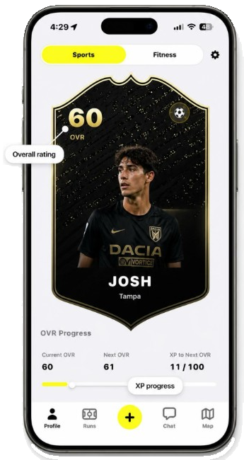 Build your player card. Josh in Tampa with a 60 overall, overall rating, and XP progress.